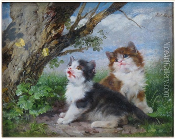 Two Kittens Watching Butterflies Oil Painting - Julius Adam the Younger