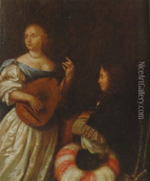 A Woman Playing A Lute With A Man Holding A Musical Manuscript In An Interior Oil Painting - Reinier De La Haye