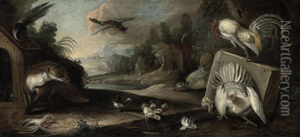 A Fox With Chickens, A Cockerel And Chicks In A Wooded River Landscape, A Farm Beyond Oil Painting - Marmaduke Cradock
