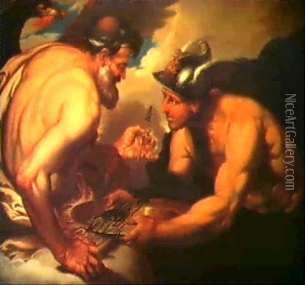 Merjkur Uberbringt Jupiter Die Von Vulkan Geschmiedeten     Pfeile Oil Painting - Johann Carl Loth