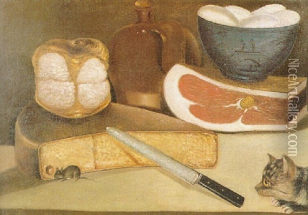 A Kitchen Still Life With A Cat Watching A Mouse At A Cheese Oil Painting - George Smith of Chichester