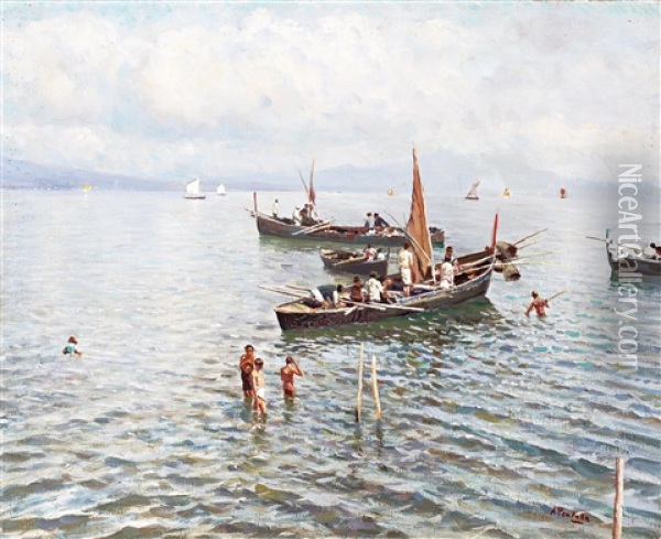 Fishing Boats In The Bay Of Naples Oil Painting - Attilio Pratella