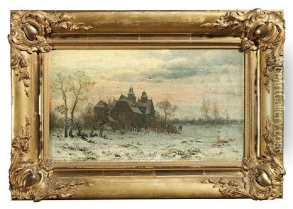 Winterliches Gehoft Bei Sonnenuntergang (+ Winterlicher Weg Bei Sonnenuntergang; Pair) Oil Painting - Friedrich Josef Nicolai Heydendahl