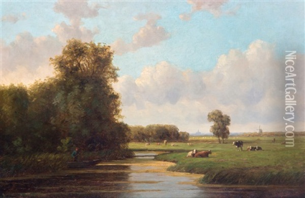 Koeien In Zonnig Weidelandschap, De Stad Haarlem Aan De Horizon Oil Painting - Willem Vester