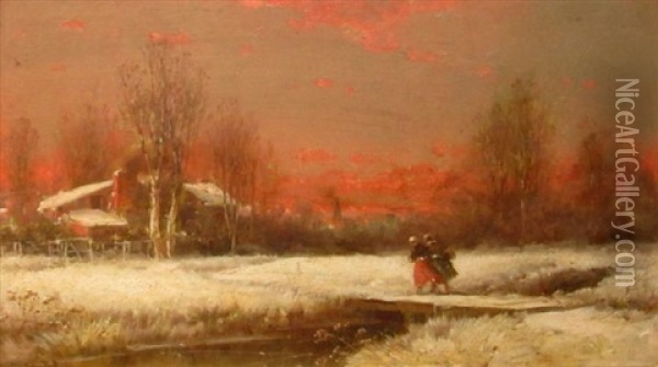 Snowy Day At Dusk Oil Painting - George Washington Nicholson