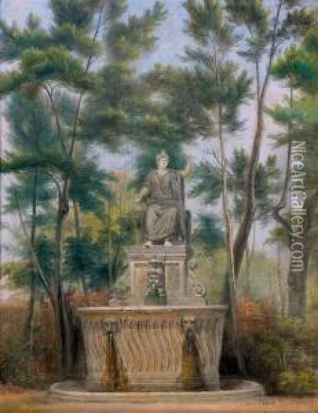 La Villa De Medicis, La Fontaine De Serapis Oil Painting - Constantin Hansen
