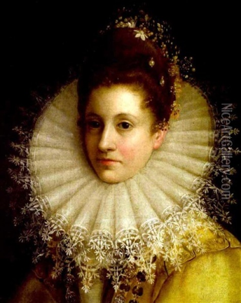 A Portrait Of An Elegant Lady In A White Ruff Oil Painting - Juan Pantoja de la Cruz