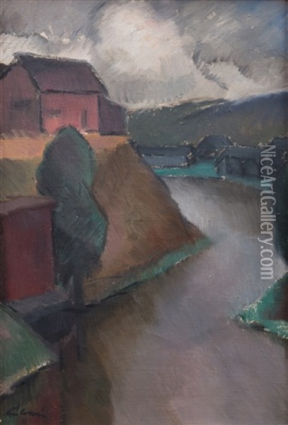 River Landscape Oil Painting - Alvar Cawen