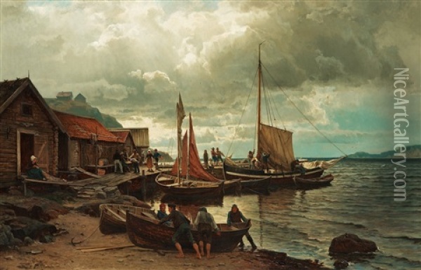 At The Harbour Oil Painting - Edward (Johan-Edvard) Bergh