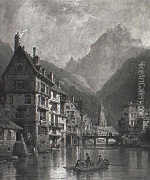 River View Of An Alpine Village Oil Painting - Charles Euphrasie Kuwasseg
