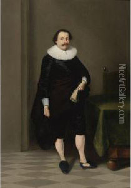 Full-length Portrait Of A Man Standing In An Interior Oil Painting - Harmen Willemsz. Wieringa