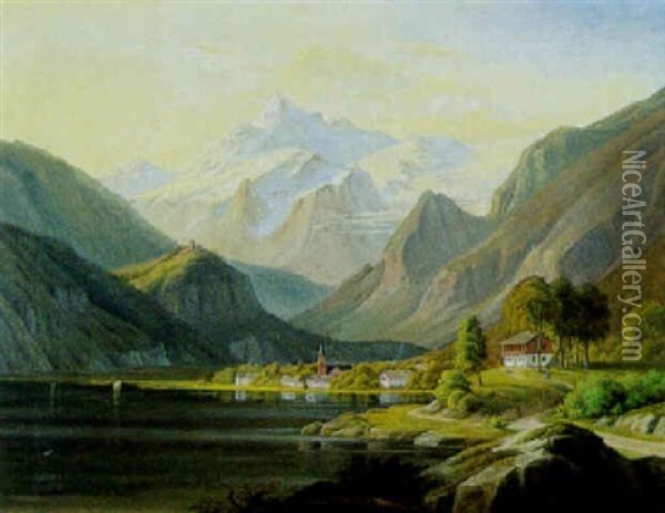Udsigt Over Sydtysk Bjerglandskab Med So Og Huse Oil Painting - Jens Peter (I.P.) Moeller