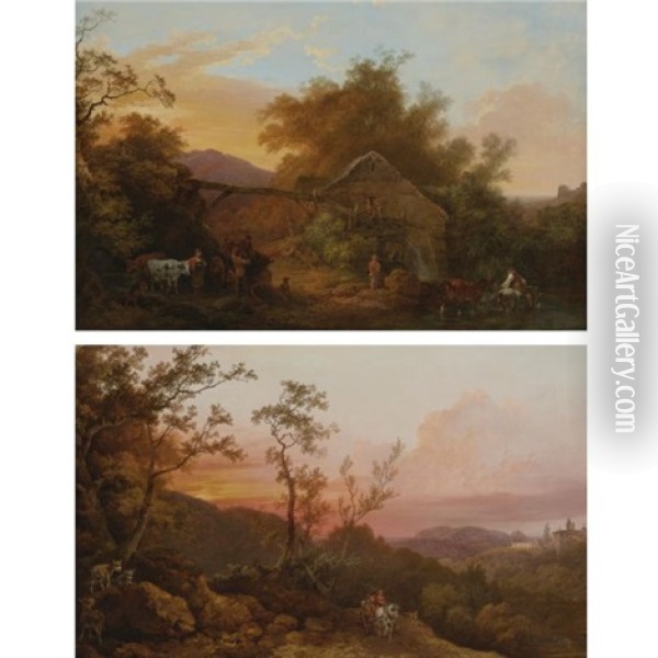 Landscape With A Watermill (+ Landscape With Travelers At Sunset; Pair) Oil Painting - Philip James de Loutherbourg