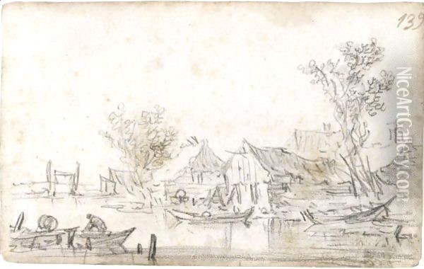 Houses By A Riverbank With Trees, With A Man In A Rowing-Boat In The Foreground Oil Painting - Jan van Goyen