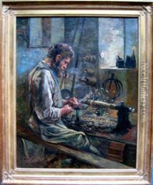 Der Holzdrechsler An Seiner Werkbank Oil Painting - Otto Seeck