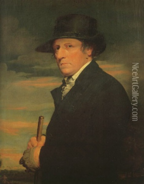 Portrait Of The Reverand John Disney Ddfsa Wearing A Black Coat And Hat, Holding A Jockey's Whip, A Landscape At Sunset Beyond Oil Painting - Guy Head