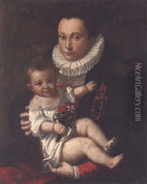 Portrait Of A Lady, Half Length, In Dress, Coat And Ruff Collar, With A Child, Holding A Sprig Of Flowers Oil Painting - Sofonisba Anguissola
