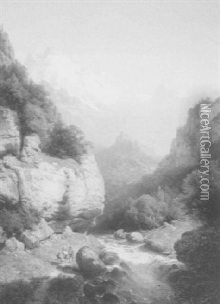 Travelers On The River Path, An Alpine View Oil Painting - Charles Euphrasie Kuwasseg