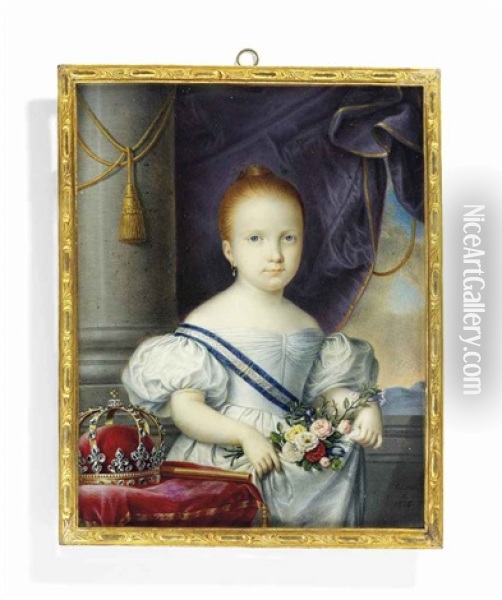 Isabella Ii (1830-1904), Queen Of Spain, In White Dress, Wearing The Blue And White Striped Moire Sash Of The Royal Spanish Order Of Charles Iii, Holding A Bouquet Of Flowers Oil Painting - Luis de la (El Canario) Cruz y Rios