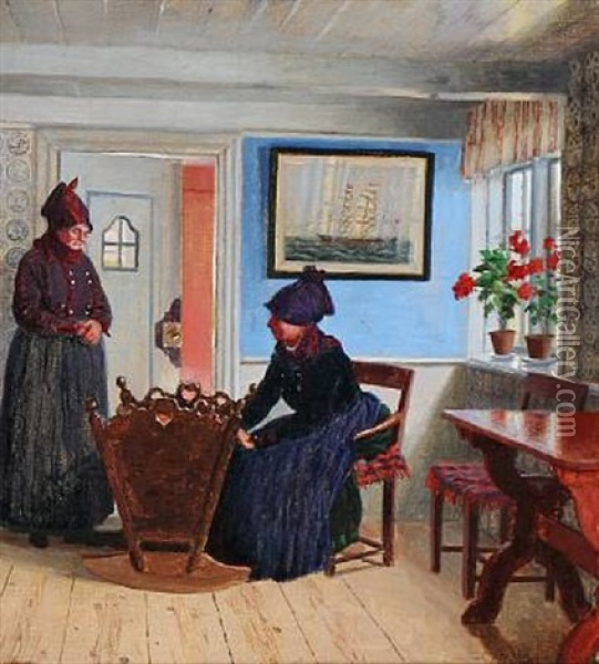 Interior From The Island Of Fano With Two Local Women At A Cradle Oil Painting - Adolf Heinrich Claus Hansen