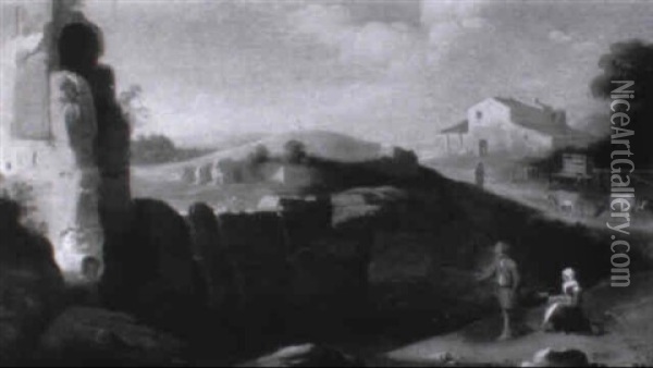 Le Pecheur Et La Bergere Dans Un Paysage De Cascade Aux Ruines Antiques Oil Painting - Charles Cornelisz de Hooch
