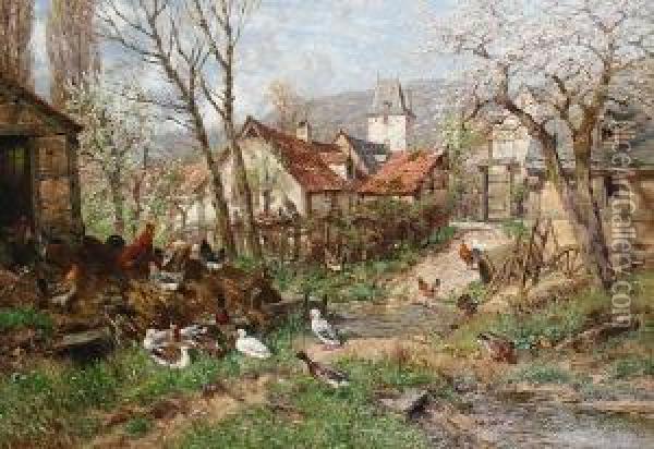 Country Village With Ducks And Chickens Oil Painting - Heinrich Sen Hartung