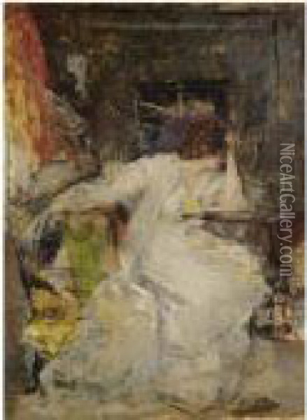Woman In An Interior Oil Painting - Vicente Palmaroli Y Gonzalez