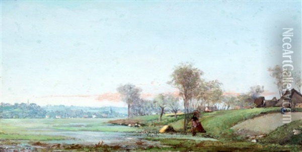Landschap Met Visser Aan De Waterkant Oil Painting - Hippolyte Emmanuel Boulenger
