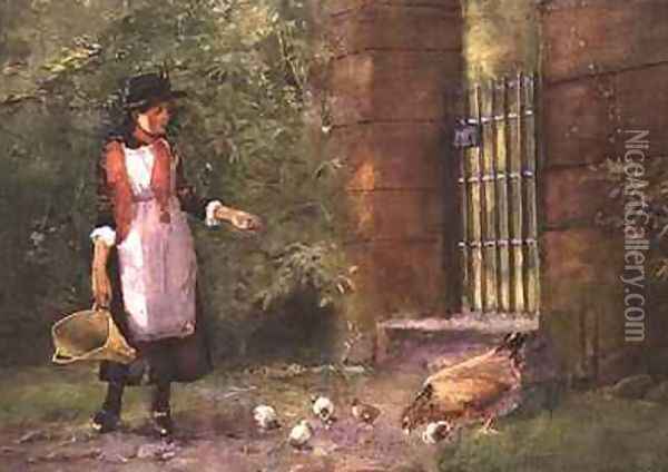 Girl feeding hens Oil Painting - Carleton Grant