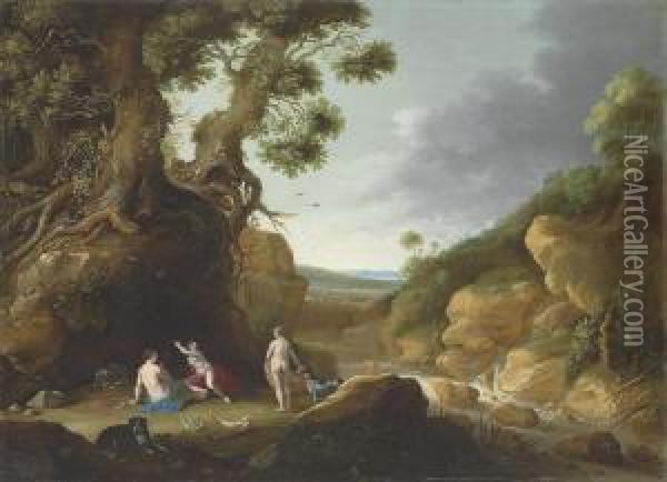 Diana And Her Nymphs In An Extensive, Wooded River Landscape Oil Painting - Gillis Claesz De Hondecoeter