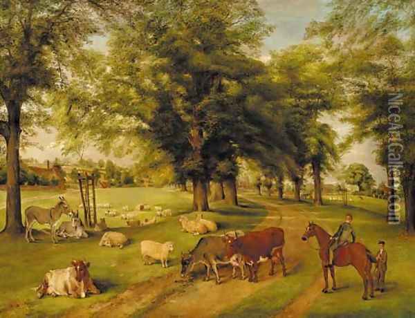 A wayside conversation in a park, with a village beyond Oil Painting - Edwin Frederick Holt
