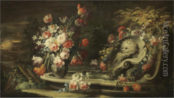Still Life Of Roses, Tulips, Peonies And Other Flowers In A Vase Beside An Ornamental Fountain Oil Painting - Felice Fortunato