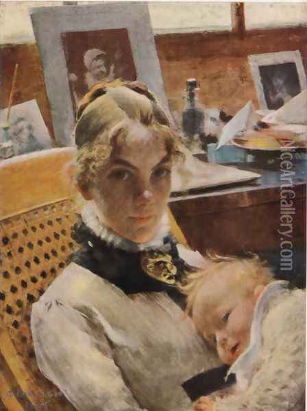 A studio idyll. The artist's wife and their daughter Oil Painting - Carl Larsson