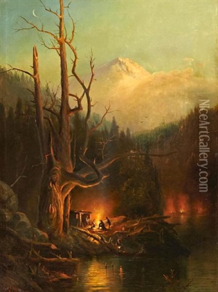 Encampment At The Base Of A Snow-covered Mountain, Thought To Be Mount Shasta Oil Painting - Andrew Melrose