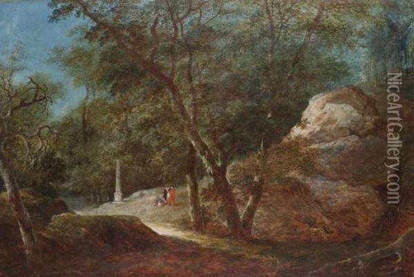 Paysage Rocheux, Des Personnages Devant Un Obelisque Oil Painting - Lazare Bruandet