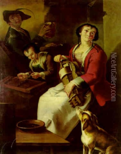 A Peasant Woman Playing The Hurdy-gurdy, With Girl And Youth In Farmhouse Oil Painting - Giacomo Francesco Cipper
