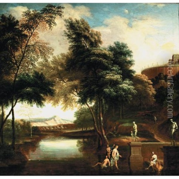 A Classical Landscape With Figures Bathing In The Foreground Oil Painting - Andrea Locatelli