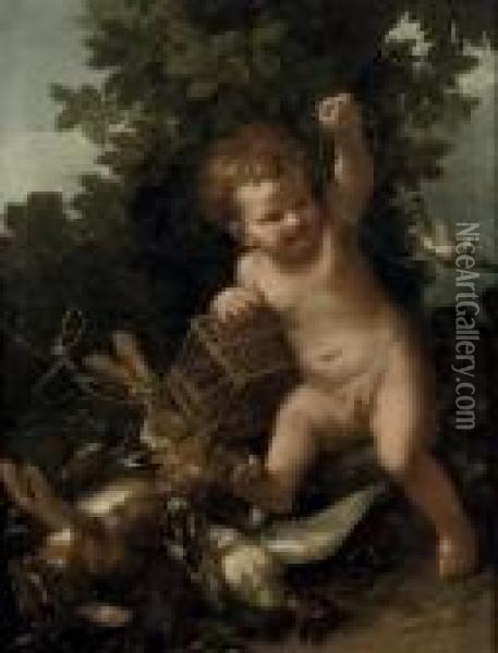 A Putto Playing With A Bird, With Game Nearby Oil Painting - Frans Werner Von Tamm