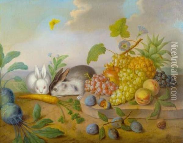 Fruit Still Life And Two Rabbits. Oil Painting - Ferdinand Kuss