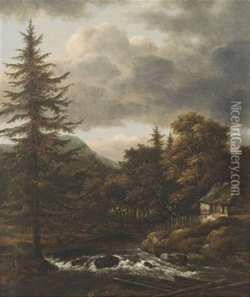 Bewaldete Landschaft Mit Einem Bach, Bauernhaus Und Hirtenstaffage Oil Painting - Johann Jakob Dorner the Elder