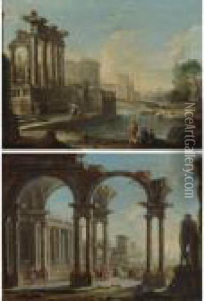 Architectural Capriccio With Figures Among Classical Ruins By Aninlet Oil Painting - Antonio Joli