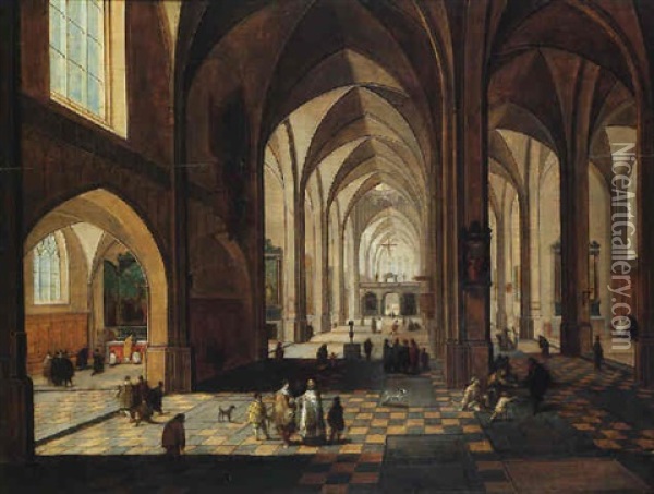 Interior Of A Gothic Cathedral With Figures Conversing, Dogs And Beggars, And A Priest Conducting Mass In A Side Chapel Oil Painting - Peeter Neeffs the Elder