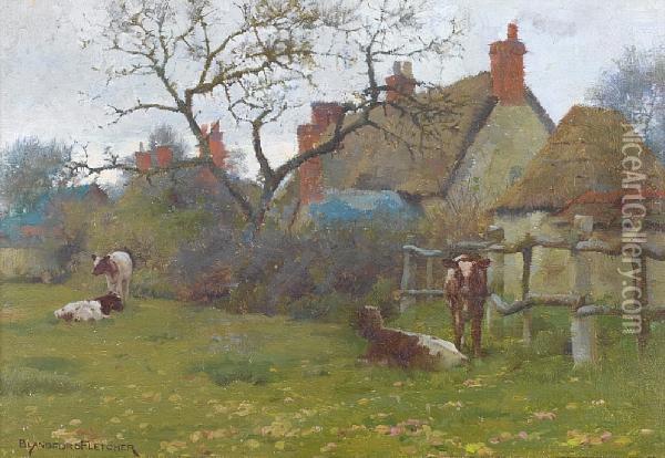 Cattle In A Field Beside A Cottage Oil Painting - William Teulon Blandford Fletcher