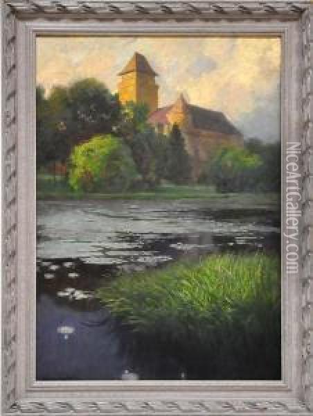 Sommerliches Seeufer Mit Seerosen, Im Hintergrund Schlossansicht Oil Painting - Anton Hans Karlinsky