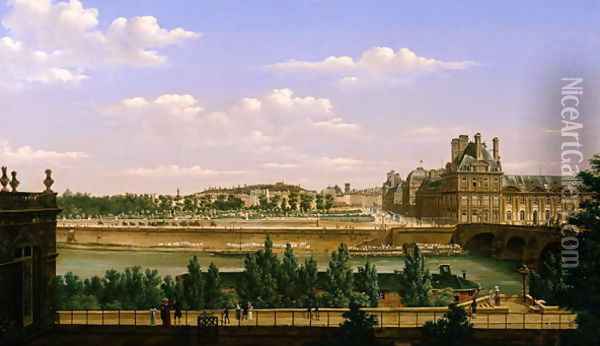 View of the Gardens and Palace of the Tuileries from the Quai d'Orsay, 1813 Oil Painting - Etienne Bouhot
