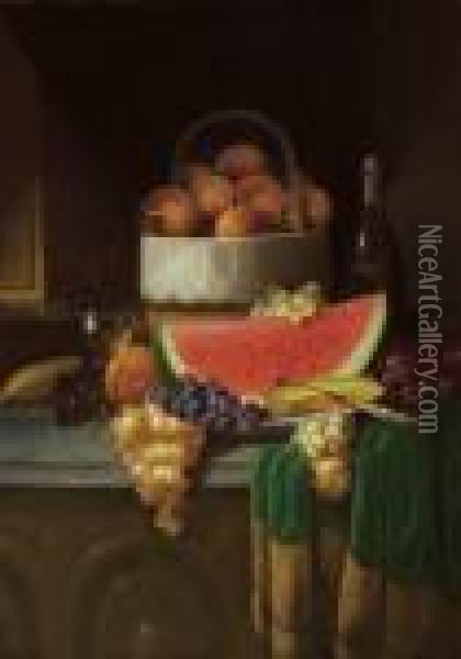 Fruit And Wine On A Marble Tabletop Oil Painting - Carducius Plantagenet Ream