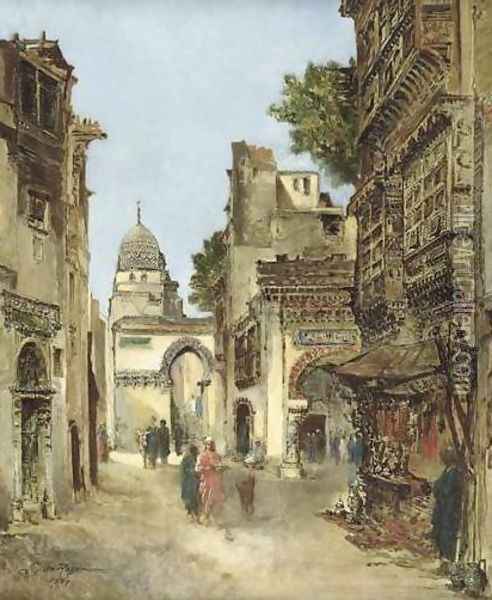 Busy Street in Cairo (Une rue du Caire en 1869) Oil Painting - Godefroy de Hagemann