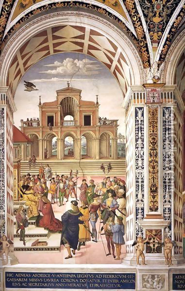 No. 3 Frederick III Crowning Enea Silvio Piccolomini with a Laurel Wreath Oil Painting - Bernardino di Betto (Pinturicchio)