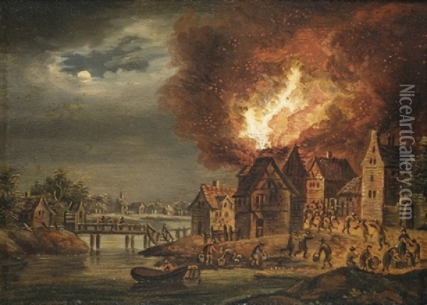 Nachtliche Feuersbrunste In Kleinen Stadtchen Am Fluss (pair) Oil Painting - Johann Georg (Georges) Trautmann