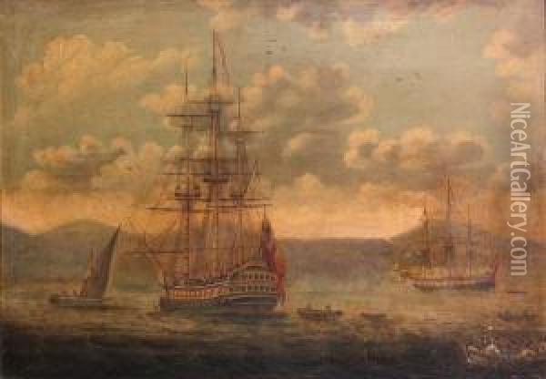 Warships In A Harbor, Thought To Be 'alliance'and 'moselle' Lying At Anchor Before Acre Oil Painting - Peter Monamy